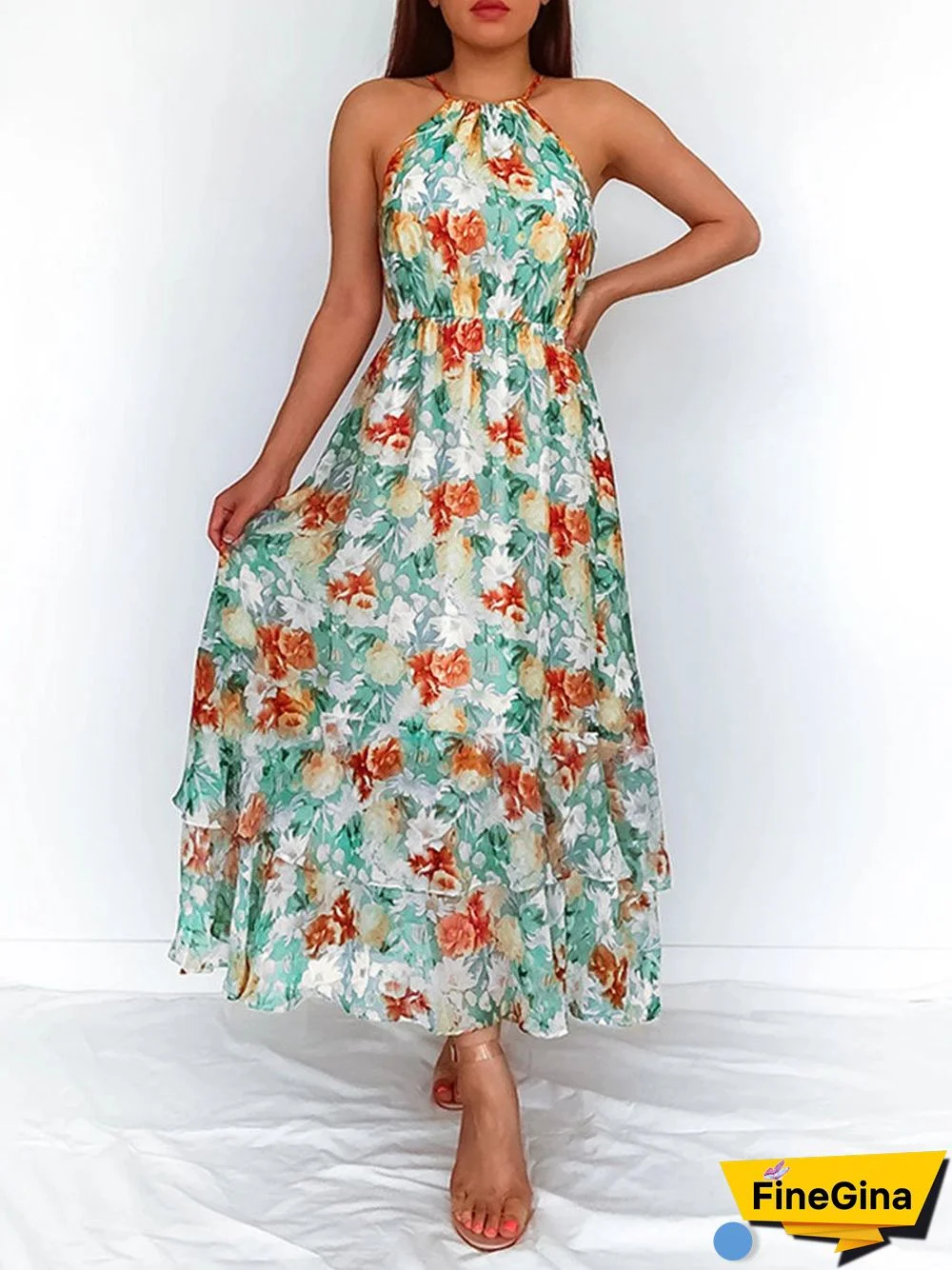 Summer Halterneck Flower Print Maxi Dress P15701