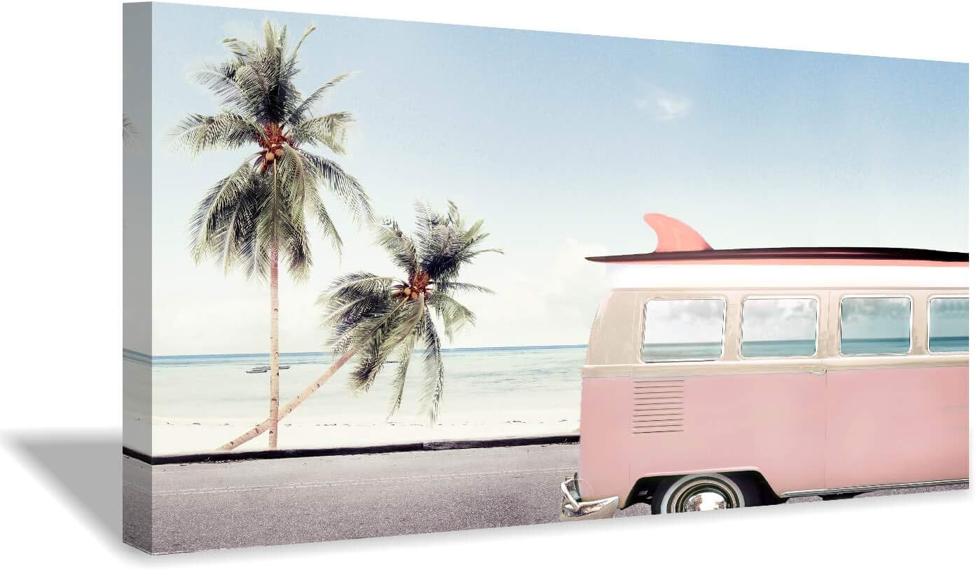 Beach Picture Coastal Wall Art: Pink Car with Surfboard Artwork Seaside Palm Painting Print on Canvas for Living Room (40 inch x 20 inch x 1 Panel) 40&#034;x 20&#034; (Unframed)