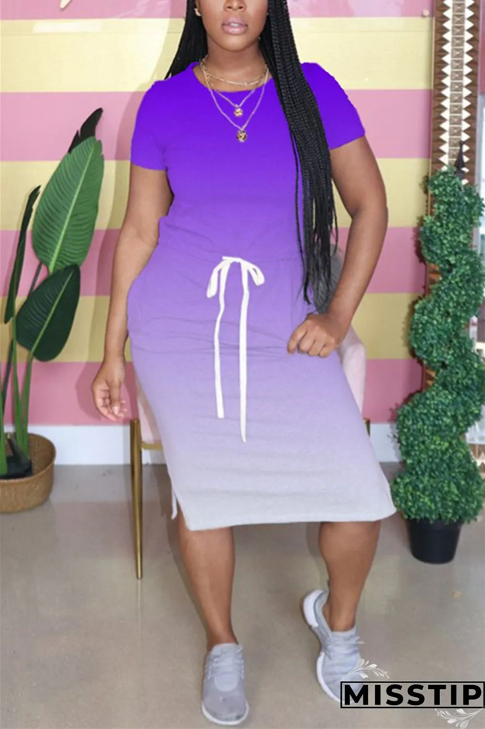 Orange Fashion Gradient Printed Short Sleeve Dress