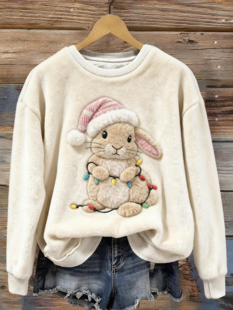 Cute Christmas Bunny Embroidered Cozy Plush Sweatshirt elevenforest