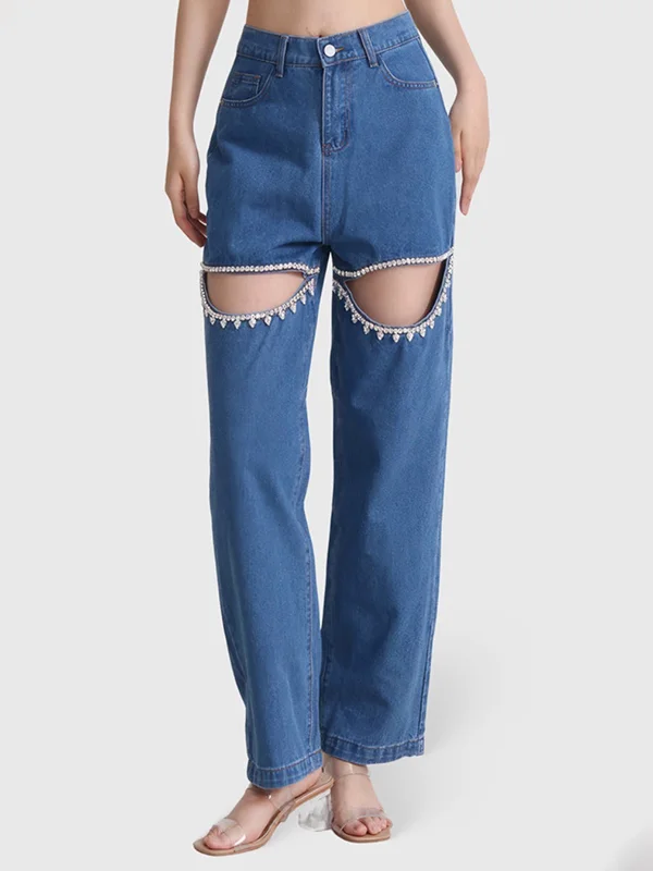 Rhine Stones Hollow Loose High Waisted Jean Pants Bottoms