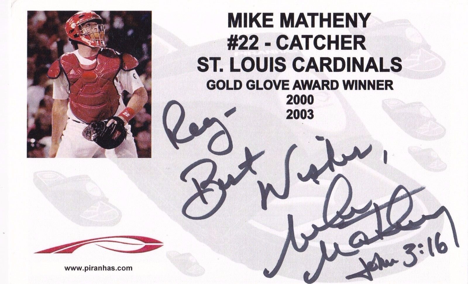 Mike Matheny St. Louis Cardinals Signed 5 1/2 x 8 1/2