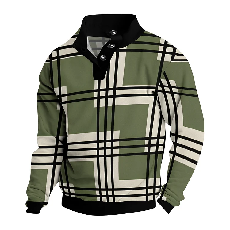 Men's Green Stripes Casual Printed Button Stand Collar Sweatshirt