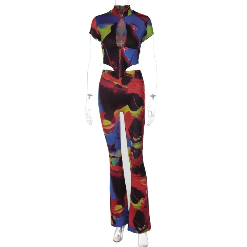 Hawthaw Women Short Sleeve Printed T Shirt Tops Long Pants Two Piece Sets Suits Outfits 2022 Summer Clothes Wholesale Items