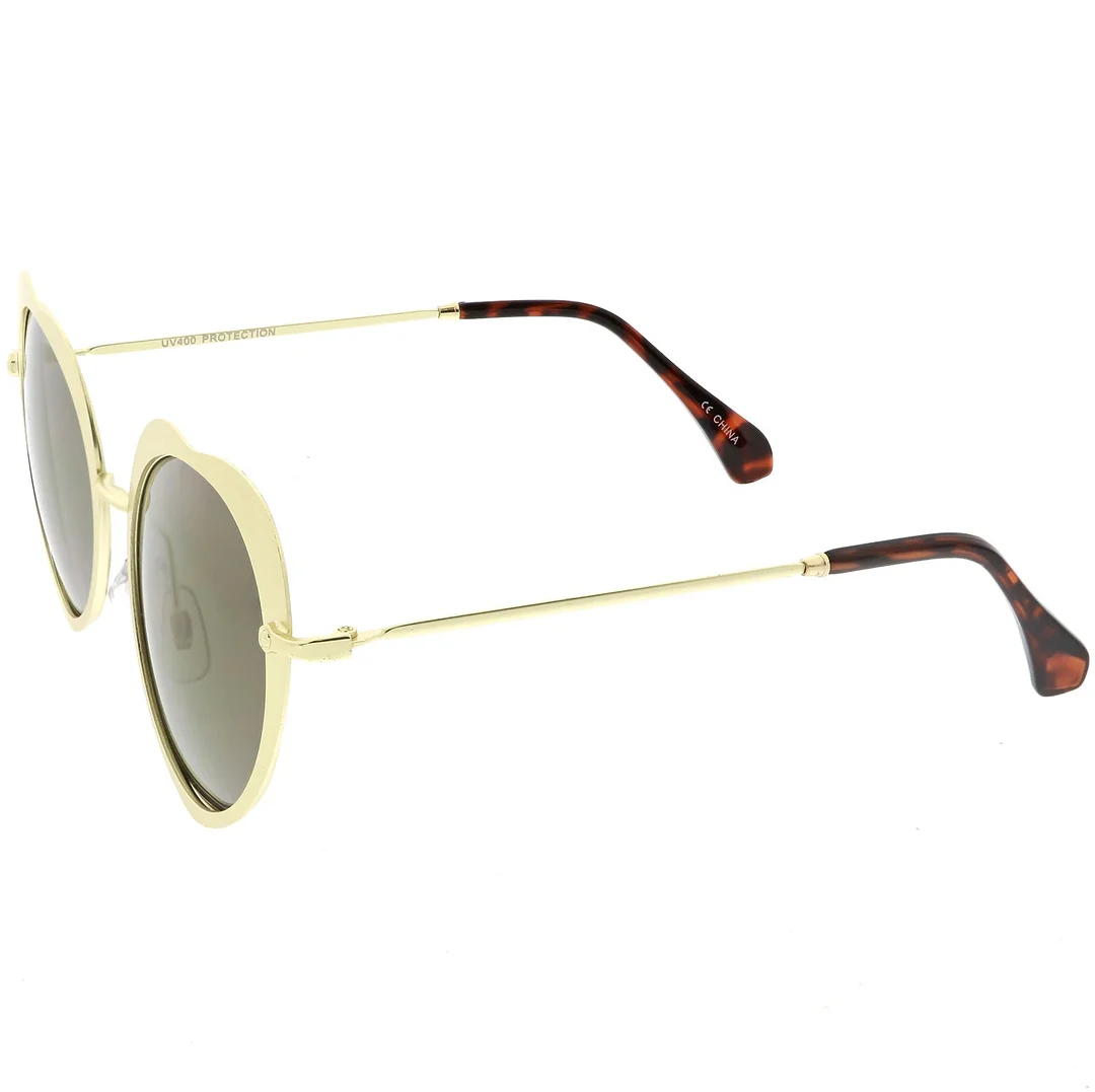 Women's Unique Heart glasses Thin Metal Arms Round Color Mirrored Lens 54mm