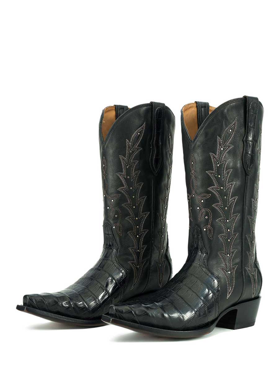 Black Croco Embossed Snip Toe Embroidered Studded Cowgirl Boots