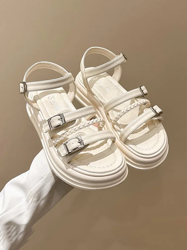 Belt Buckle Lace-Up Round-Toe Split-Joint Platform Shoes Sandals