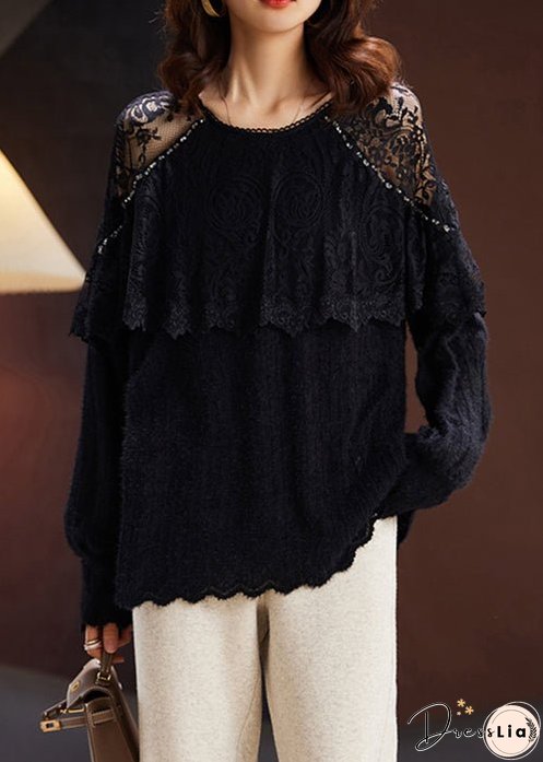 New Black Hollow Out Lace Patchwork Knit Tops Long Sleeve