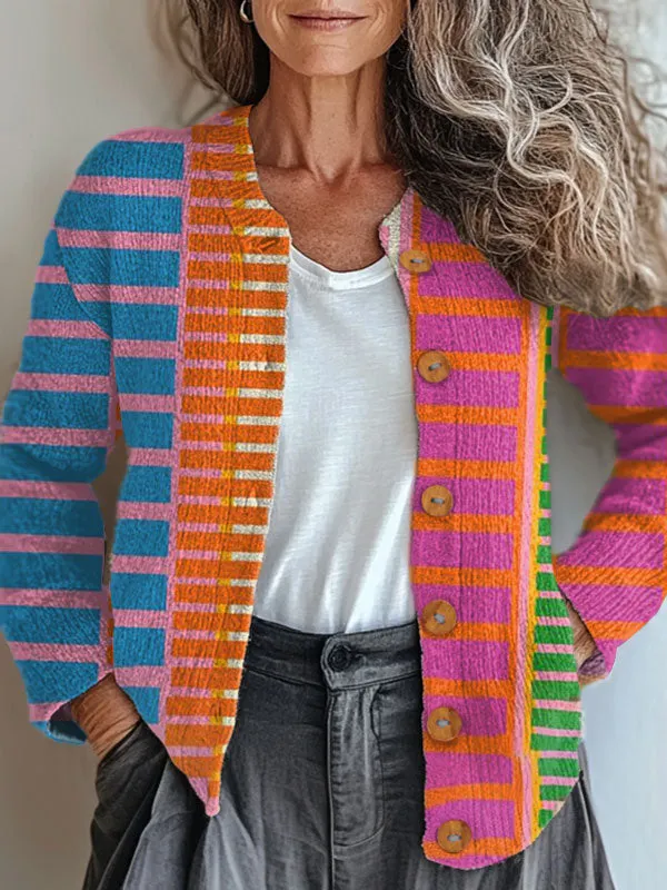 Vintage Abstract Geometric Art Print Buttoned Cardigan Sweater