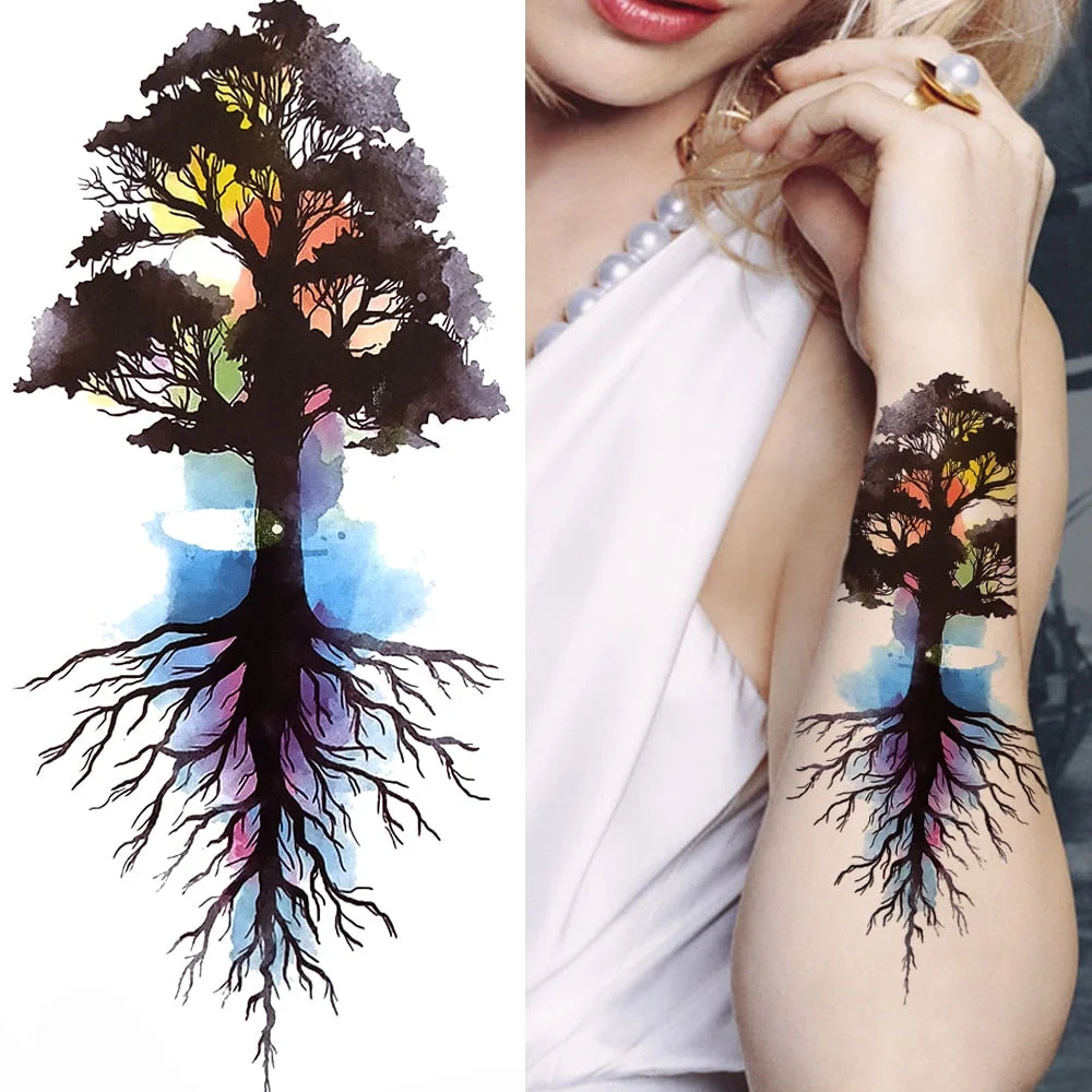 Fake Flower Rose Temporary Tattoos For Women Girl Peony Daisy Deer Moon Tattoos Sticker Black Cluster Body Art Painting Tatoos