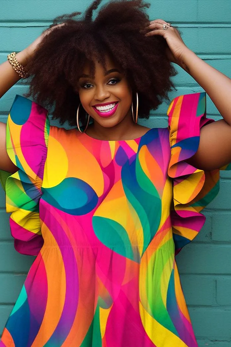 Xpluswear Design Plus Size Daily Rainbow Casual All Over Print Round Neck Flutter Sleeve Ruffle Mini Dresses