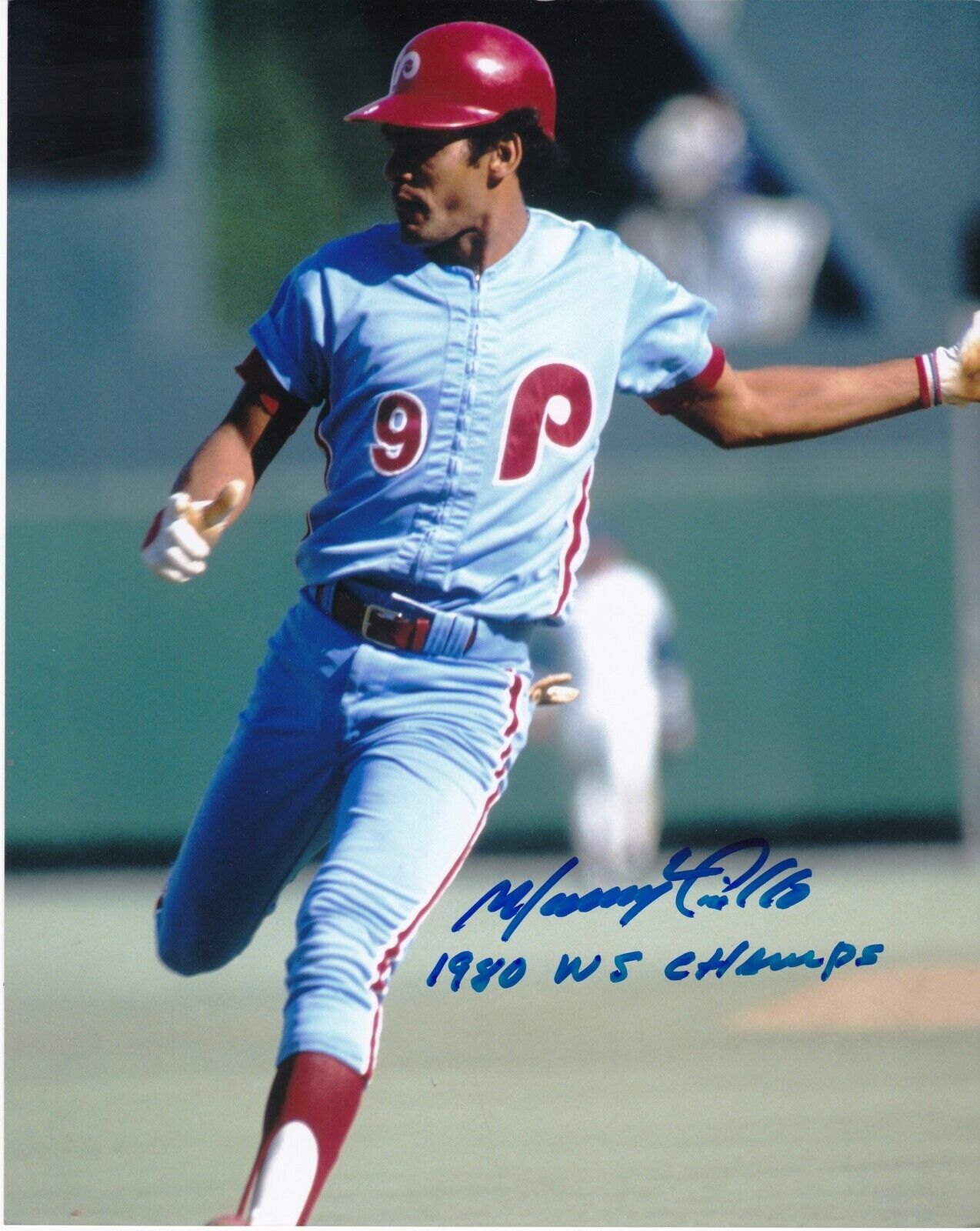 MANNY TRILLO PHILADELPHIA PHILLIES 1980 WS CHAMPS ACTION SIGNED 8x10