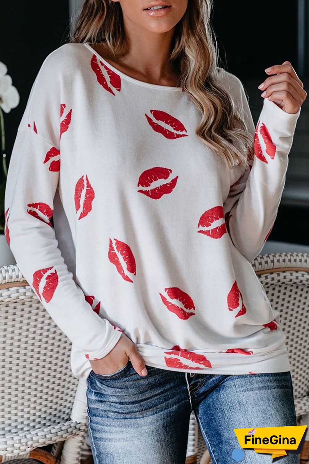 Lip Print Long Sleeve Casual T-Shirt
