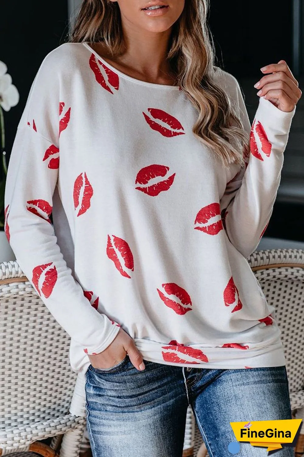 Lip Print Long Sleeve Casual T-Shirt