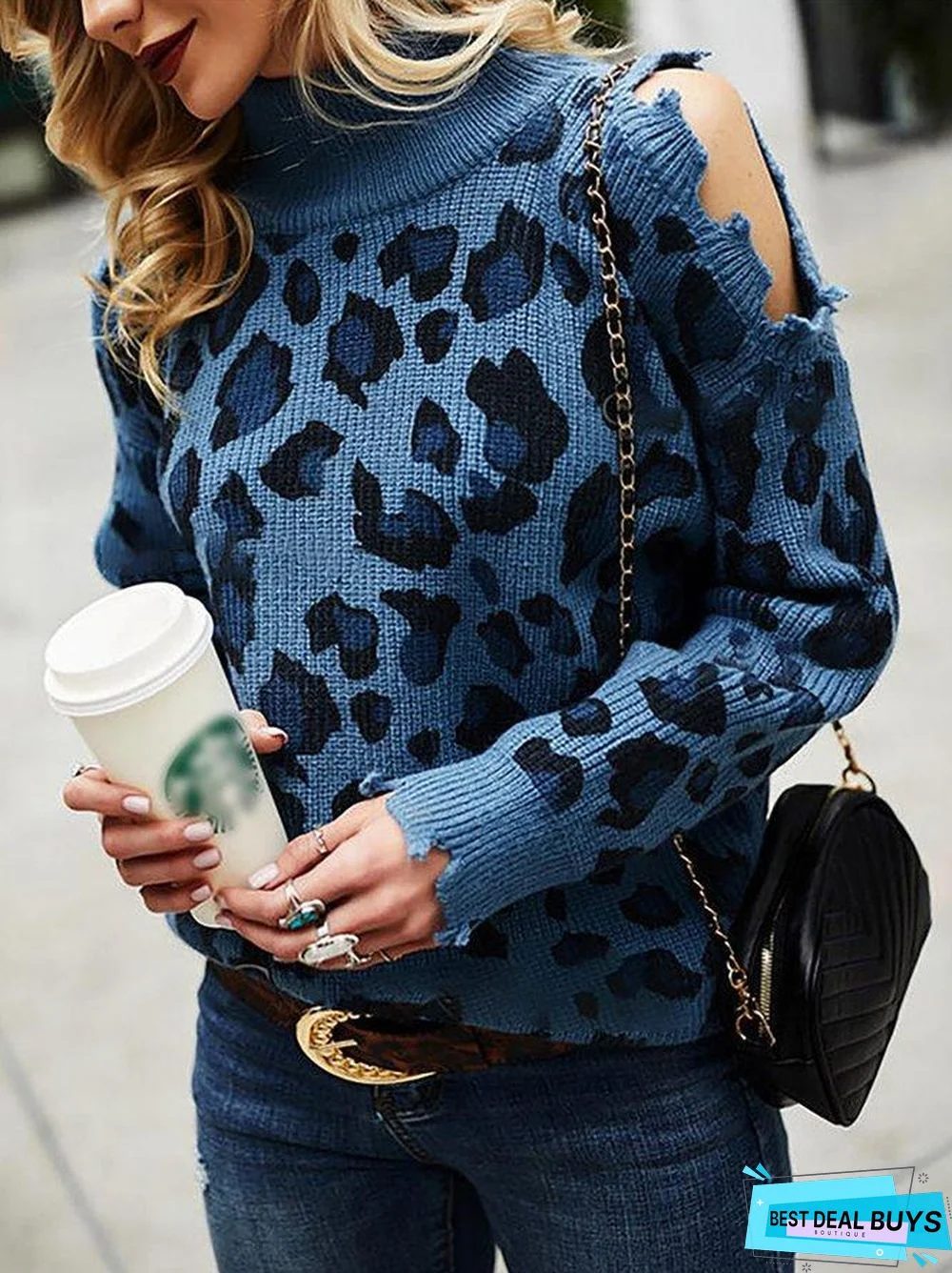Sexy Leopard Long Sleeves High Neck Cut Out Sweater
