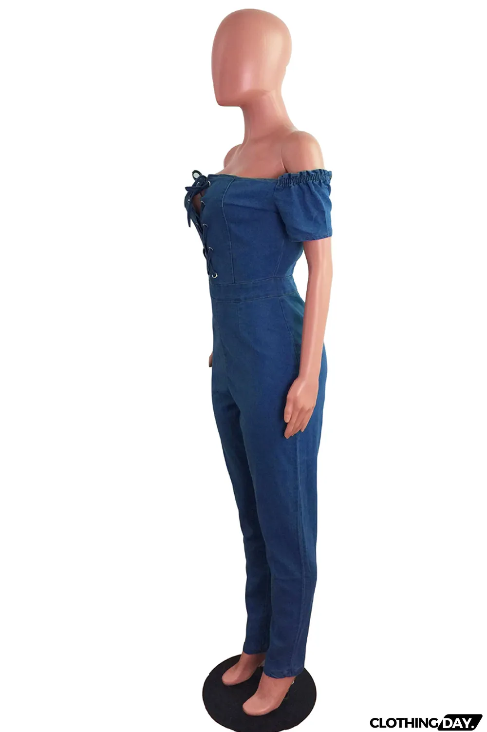 Blue Fashion Casual Solid Backless Off the Shoulder Regular Jumpsuits