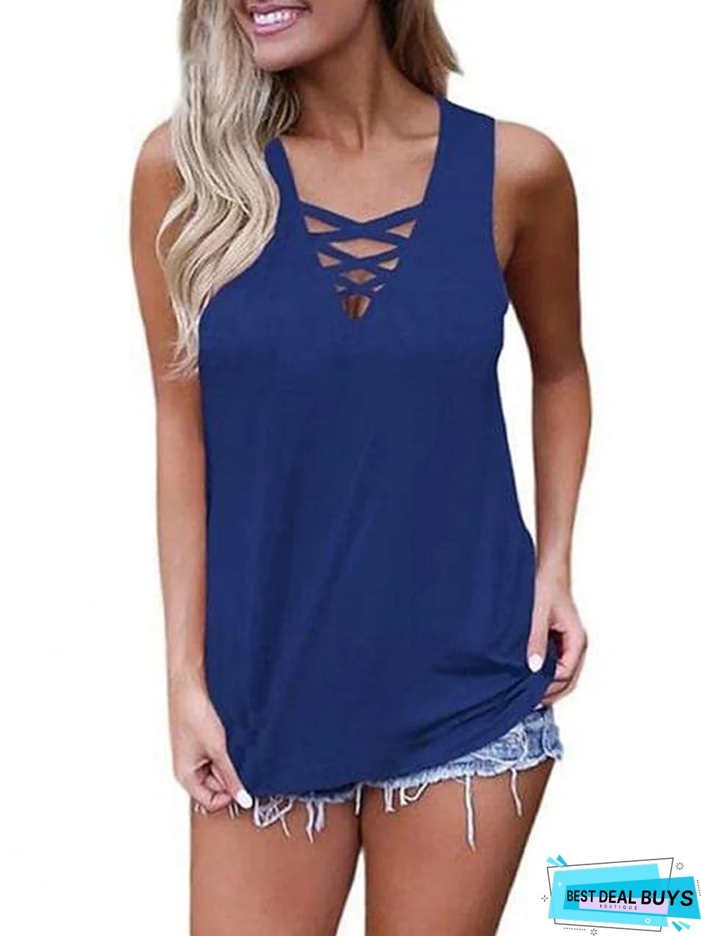 Women's Summer Tank Tops Criss Cross Casual Solid Sleeveless Lace Up Blouse (X-Large, Black)