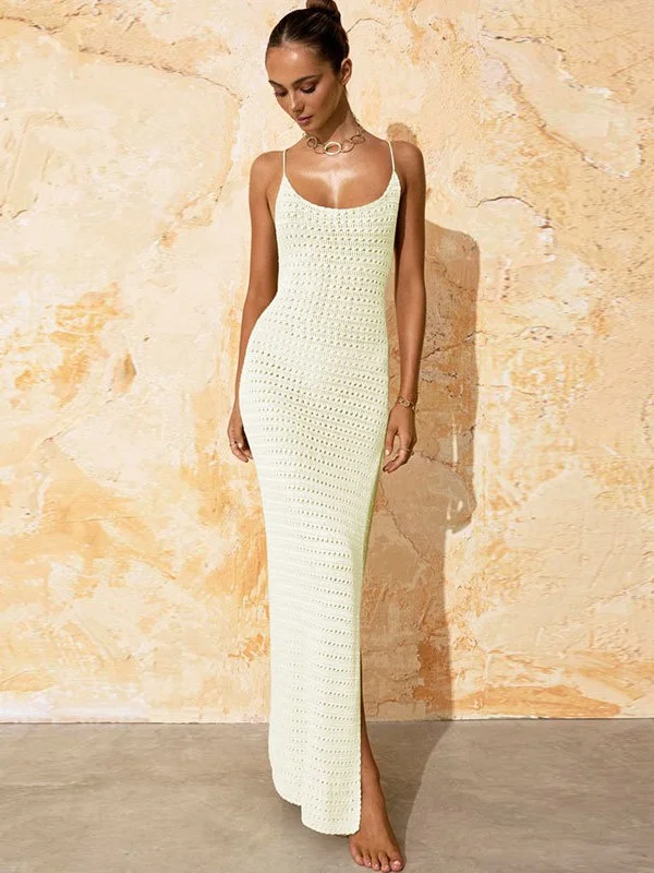 Athvotar Athvotar Beach Hoodie Sexy Knitted Empty Back Tie With Open-Fork Swimsuit Beach Dress Sunscreen