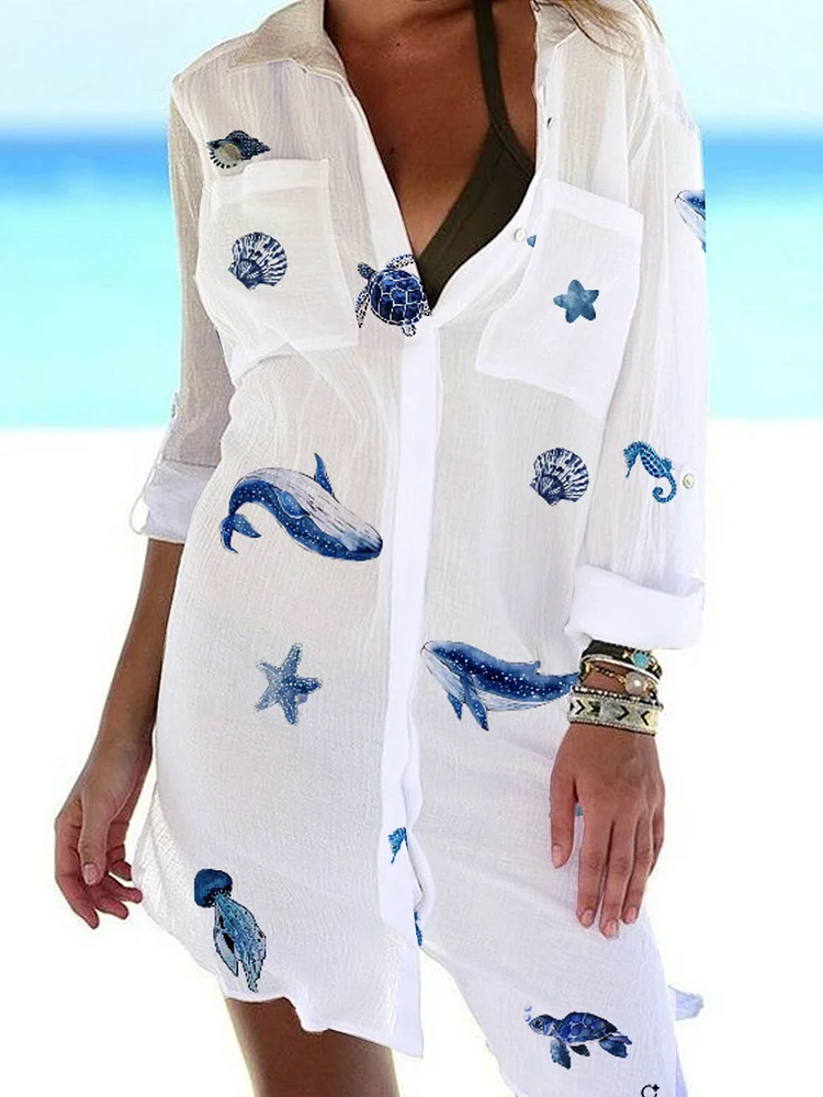Women'S Shirt Dress Seaside Holiday Watercolor Whale Pattern Casual Dress Shift Dress Mini Dress