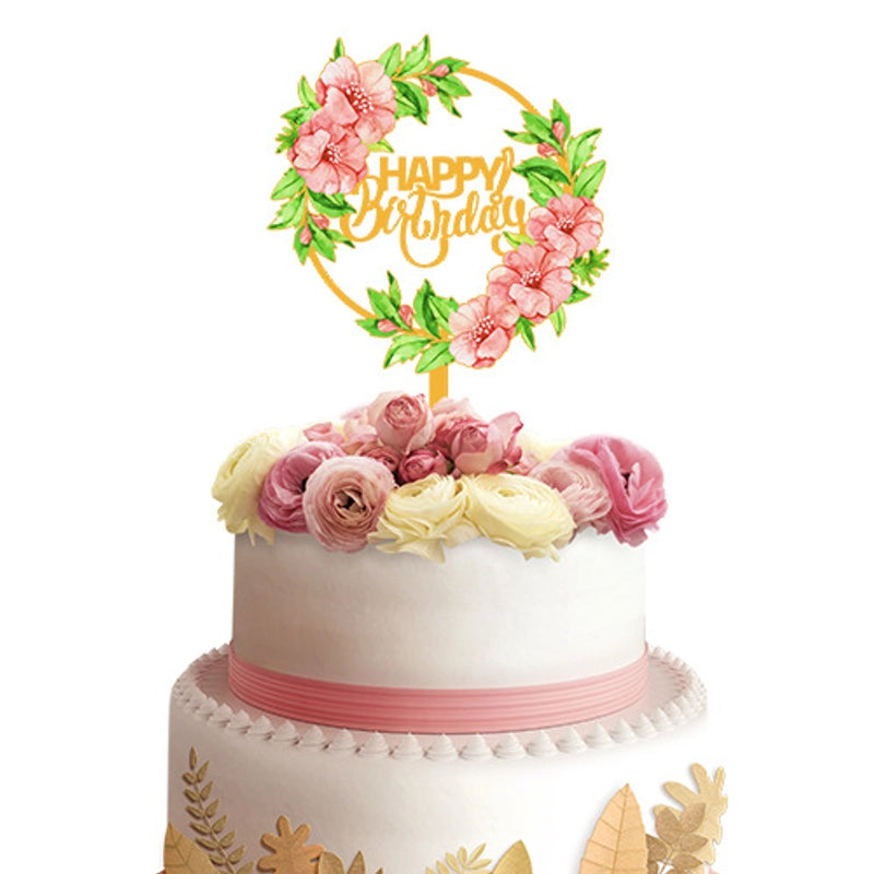 Acrylic Cake Topper Ins Style Floral Uv Color Printing Happy Birthday Dessert Decoration Plugin