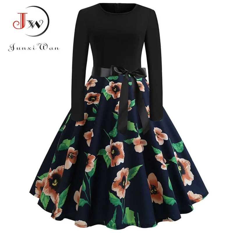 Floral Print Vintage  Women New Spring Elegant Party Long Sleeve Casual Black Patchwork Midi Dress