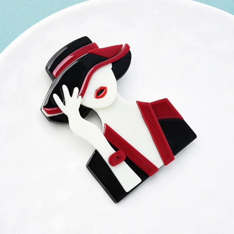 Beautiful Girl Wearing A Hat Acrylic Figure Brooch Pins