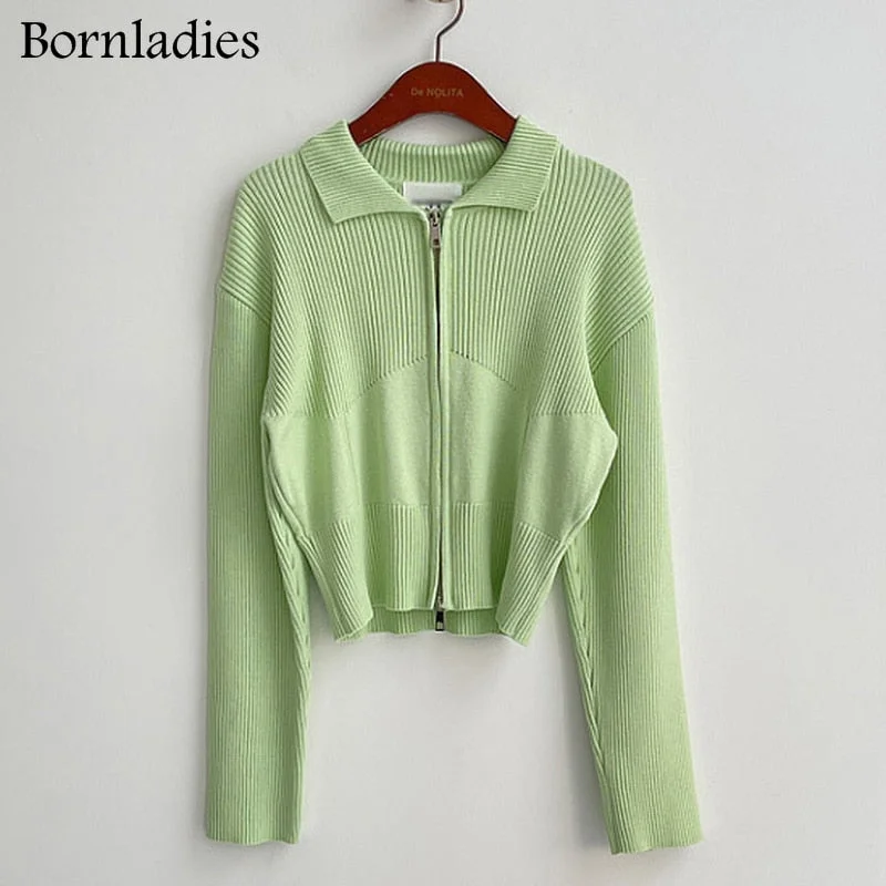 Bornladies Korean Style Autumn Kintted Caidigans for Women Silm Waist Zipper Short Green Sweater Tops Chic Long Sleeve Jackets