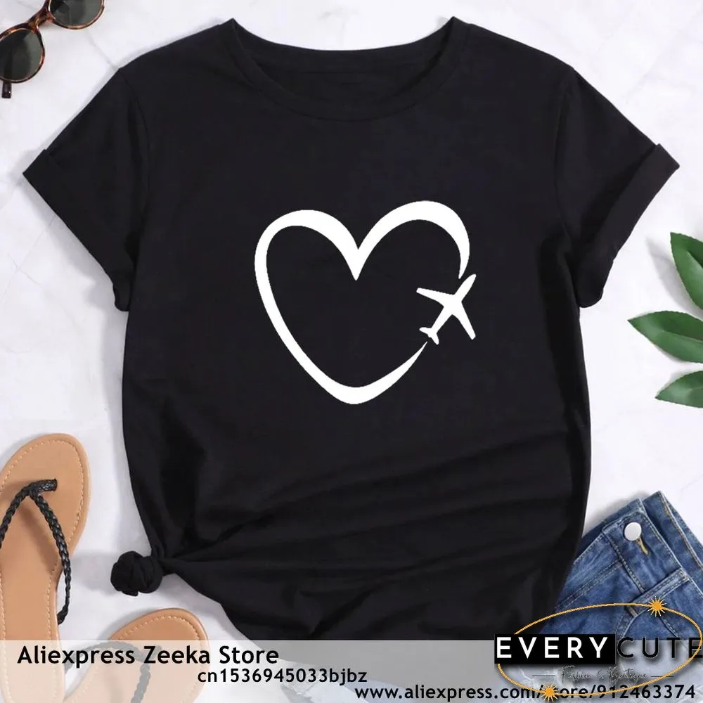 Womens Traveling Fun Print Tee-Shirt for Girls Y2K Harajuku Basics Collar White Shirt