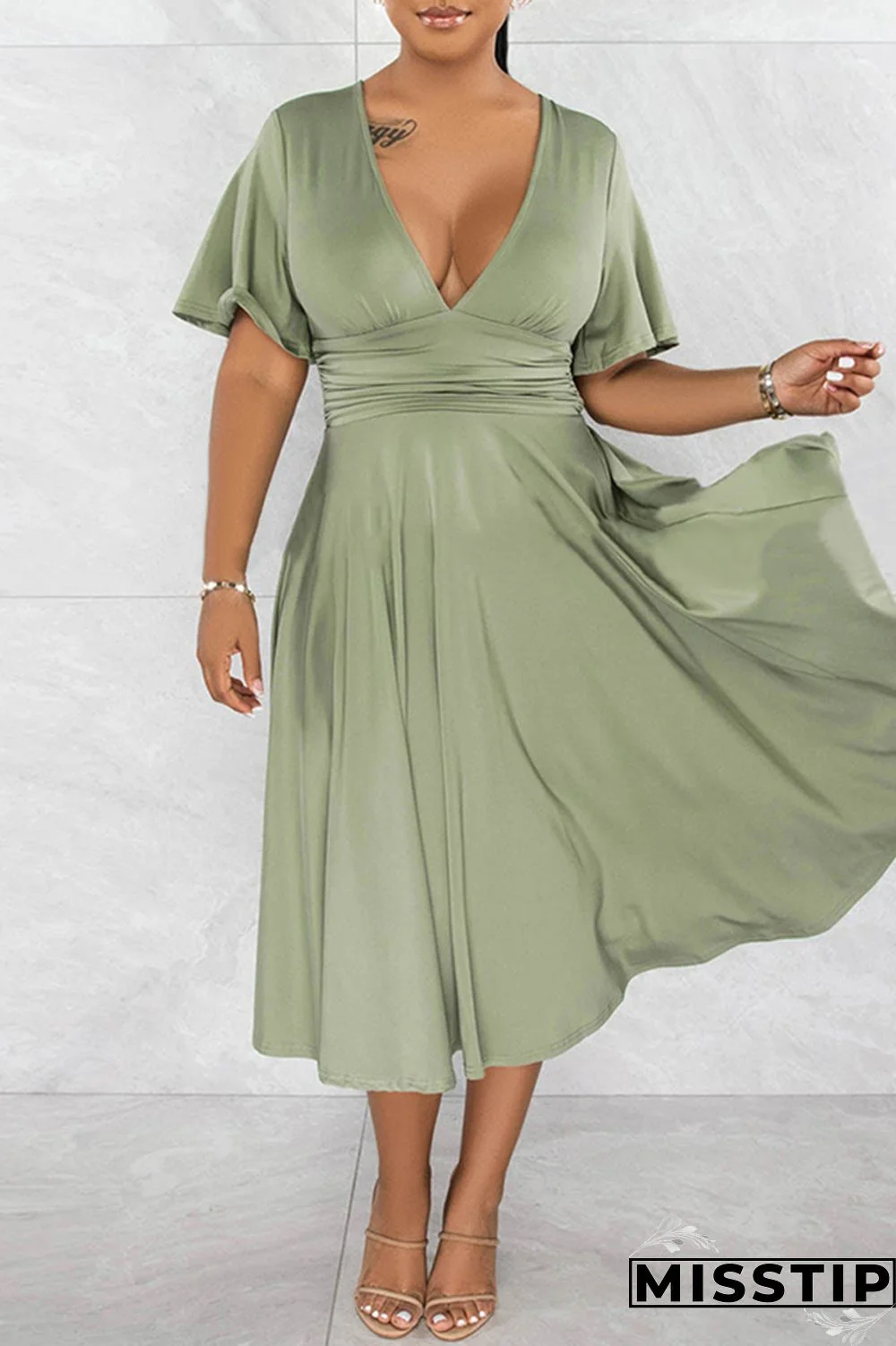 Black Casual Solid Patchwork V Neck Short Sleeve Dress