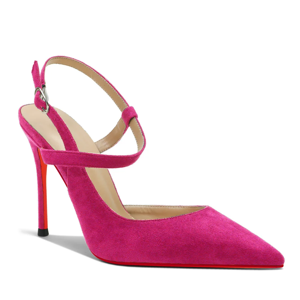 100mm Women Slingback Pumps Ankle Strap Jenlove Stiletto Mid Heel Close Pointed Toe Dress Red Bottoms Suede Shoes-MERUMOTE