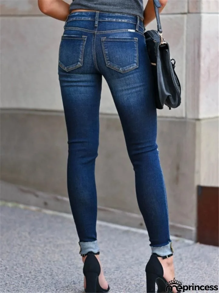 Slim Fit Mid-Rise Ripped Washed Pocket Skinny Denim Pants