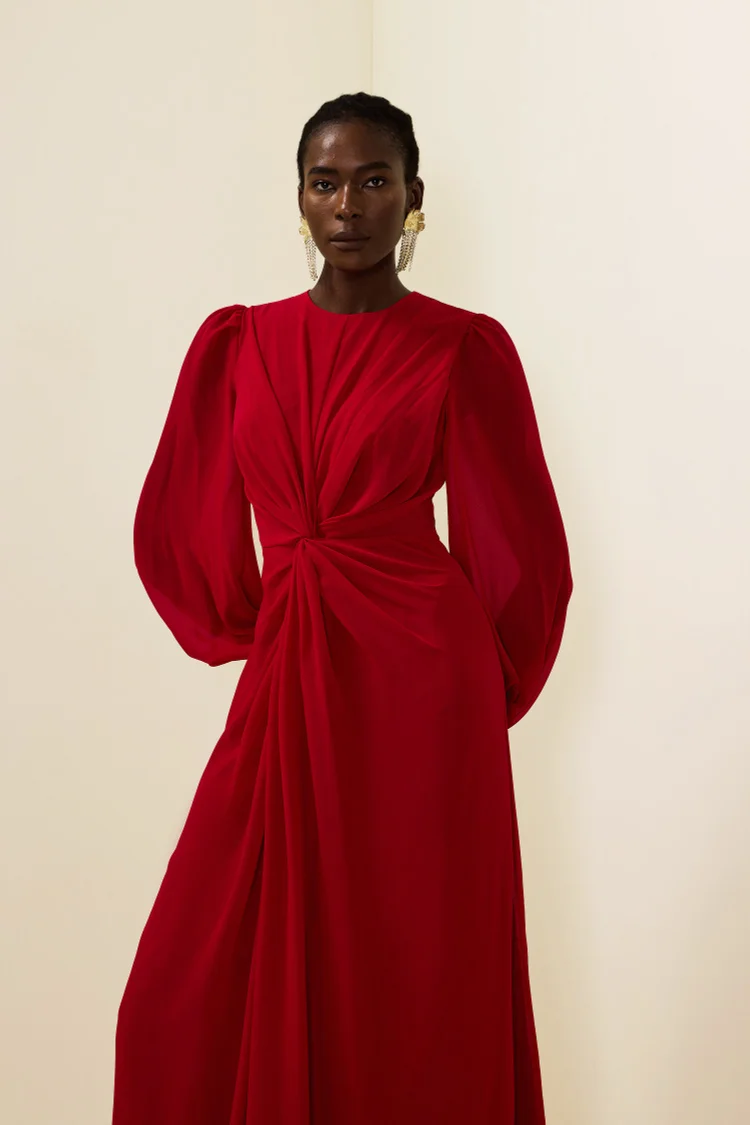 Solid Knotted Lantern Sleeve Maxi Dress