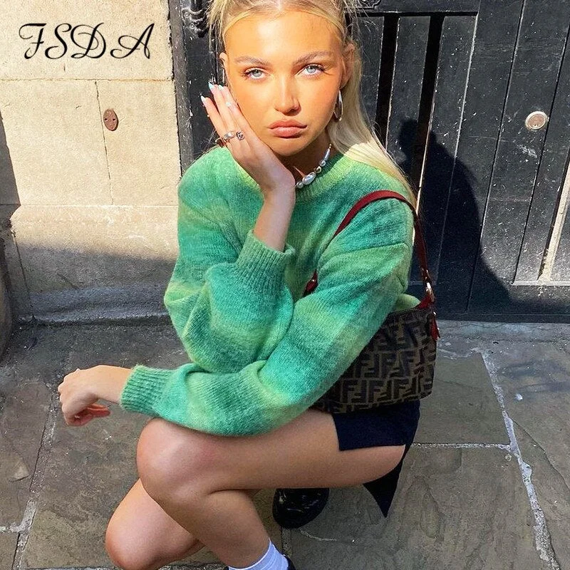 FSDA 2021 Tie Dye Knitted Pullover Women O Neck Autumn Winter Green Y2K Casual Long Sleeve Oversized Sweater Jumper Fashion