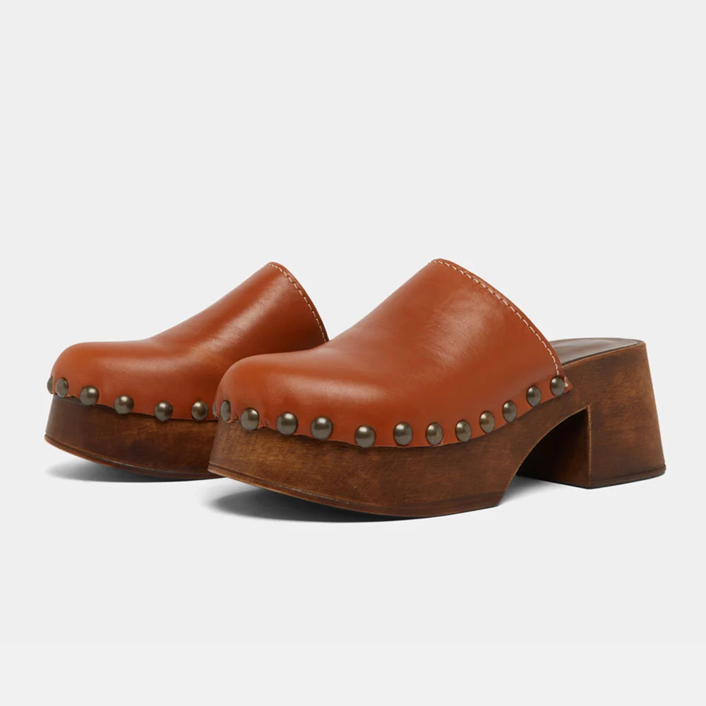 Brown Round Toe Chunky Heel Platform Studded Women's Mules Shoes