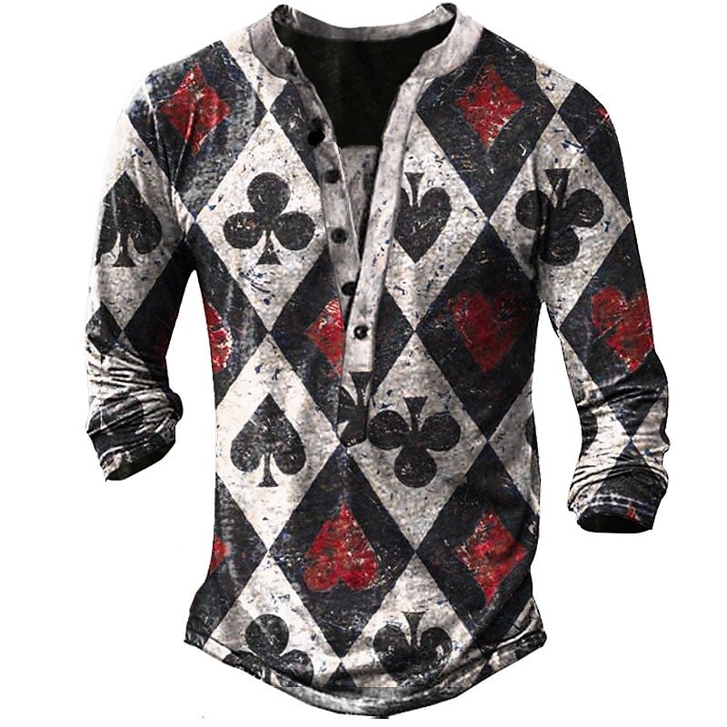 Men's 3D Print Graphic Poker Henley Button-Down Long Sleeve T-Shirt