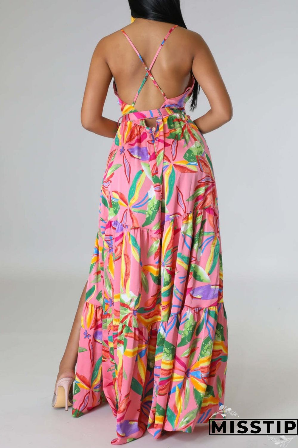 Multi-color Sexy Casual Print Backless Slit Spaghetti Strap Long Dress Dresses