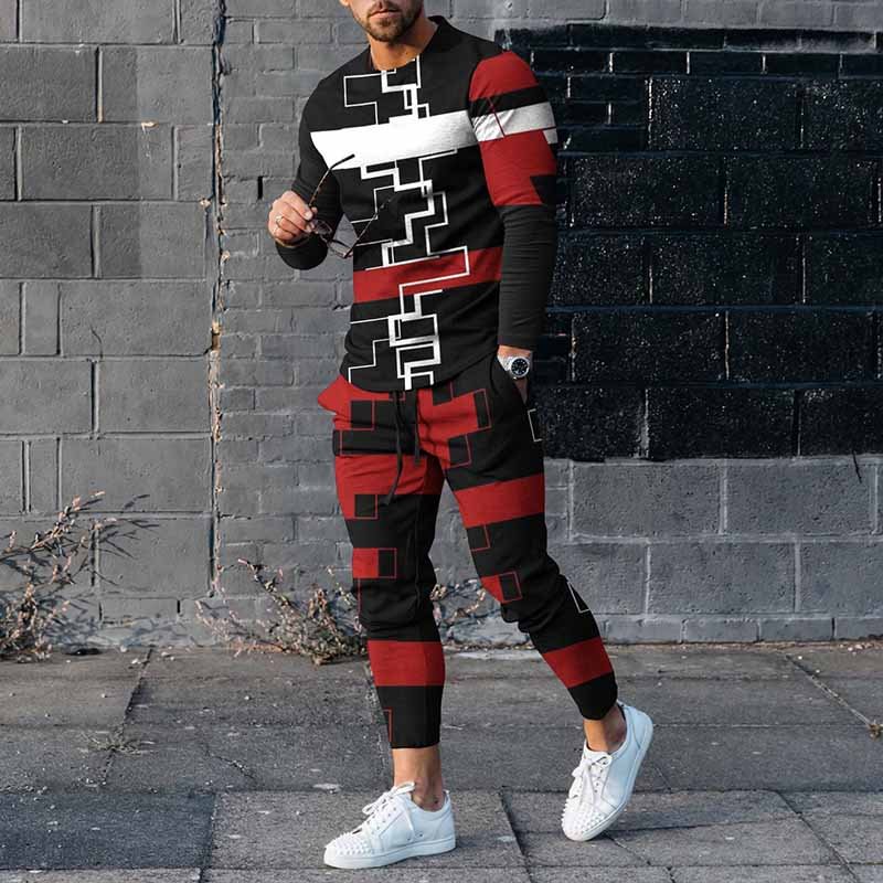 Men'S Geometric Color Matching Long Sleeve T-Shirt And Pants Co-Ord