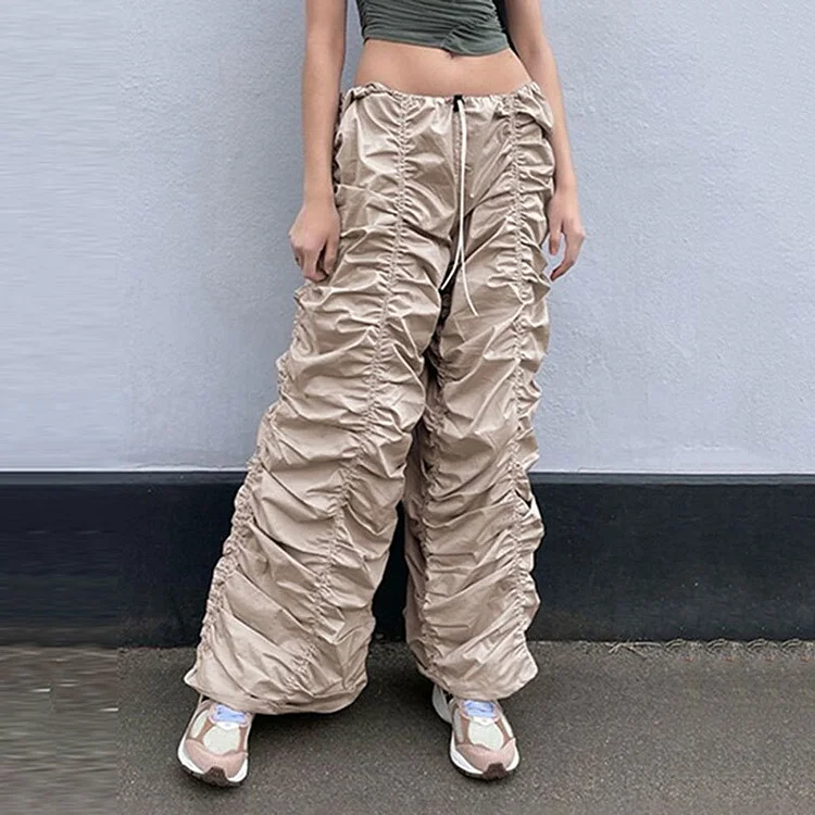 Street Loose Solid Color Drawstring Waist Wrinkled Woven Wide Leg Pants     