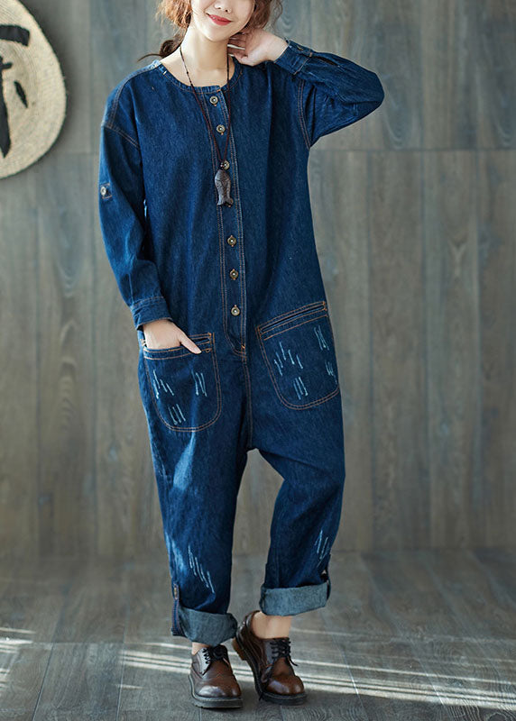 VCSHOES dark Blue O-Neck pockets denim Jumpsuits Spring