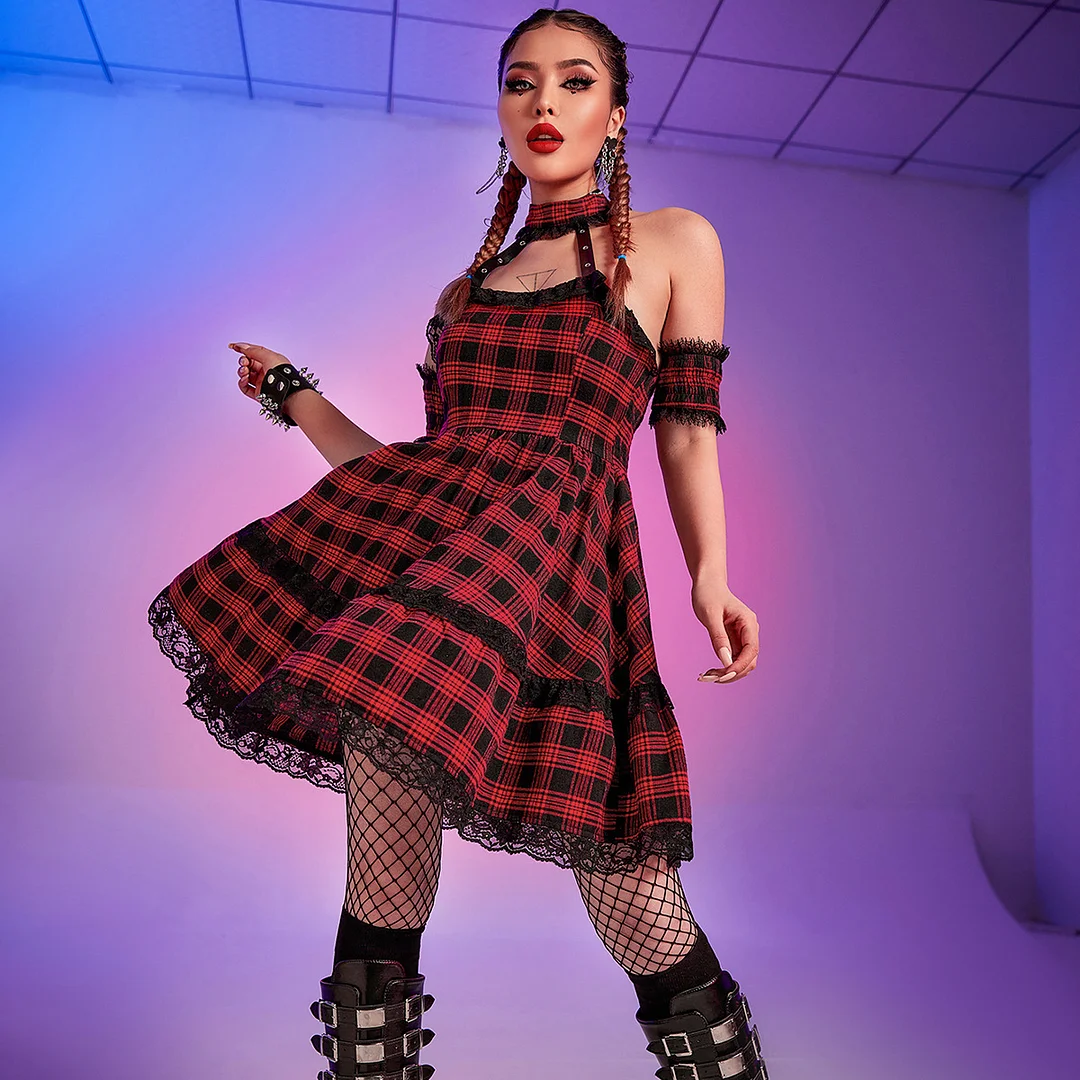 Jangj Y2K Gothic Vintage Red Plaid Halter Dress Harajuku Spaghetti Straps Backless Mini Dresses Punk Girl Buckle Halter Belt Outfits