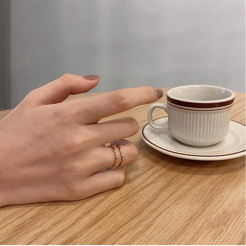 New Creative Double Bamboo Shape Metal Open Rings For Woman Fashion Korean Jewelry Minimalist Party Girl's Unusual Ring