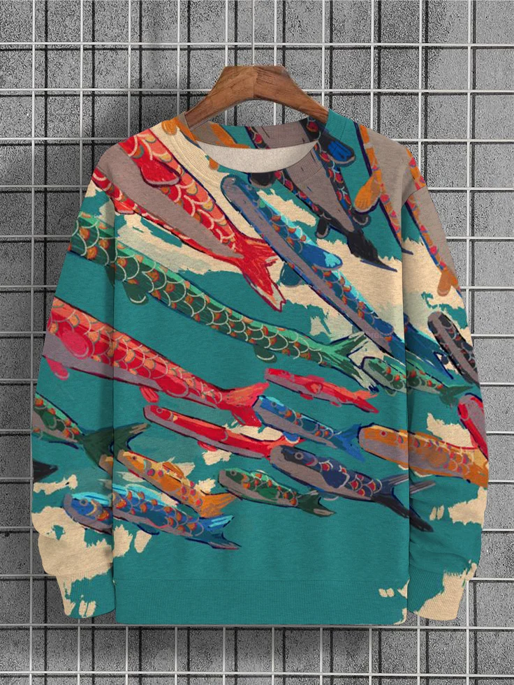 Men's Japanese Multicolor Fish Flag Art Print Casual Sweatshirt