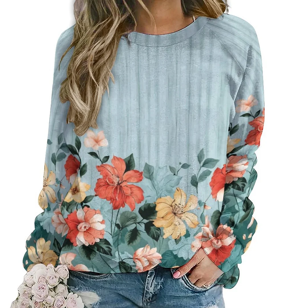 Printed Long Sleeve Casual Sweatshirt for  Women and Men Unisex Pattern Floral, Colorful, Blue, Red
