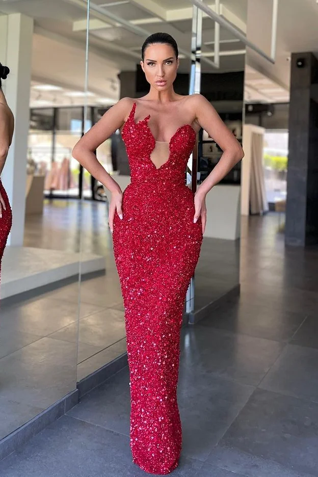 Bellasprom Red Mermaid Long Prom Dress Sleeveless Online Sequins