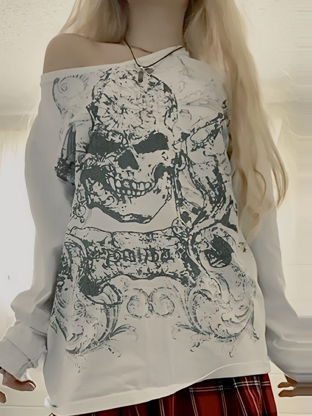 Brownm White Oversize Long Sleeve Shirt with Skull Print