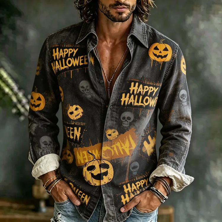Men's Vintage Washed Distressed Halloween Pumpkin Skull Slogan Print Casual Shirt