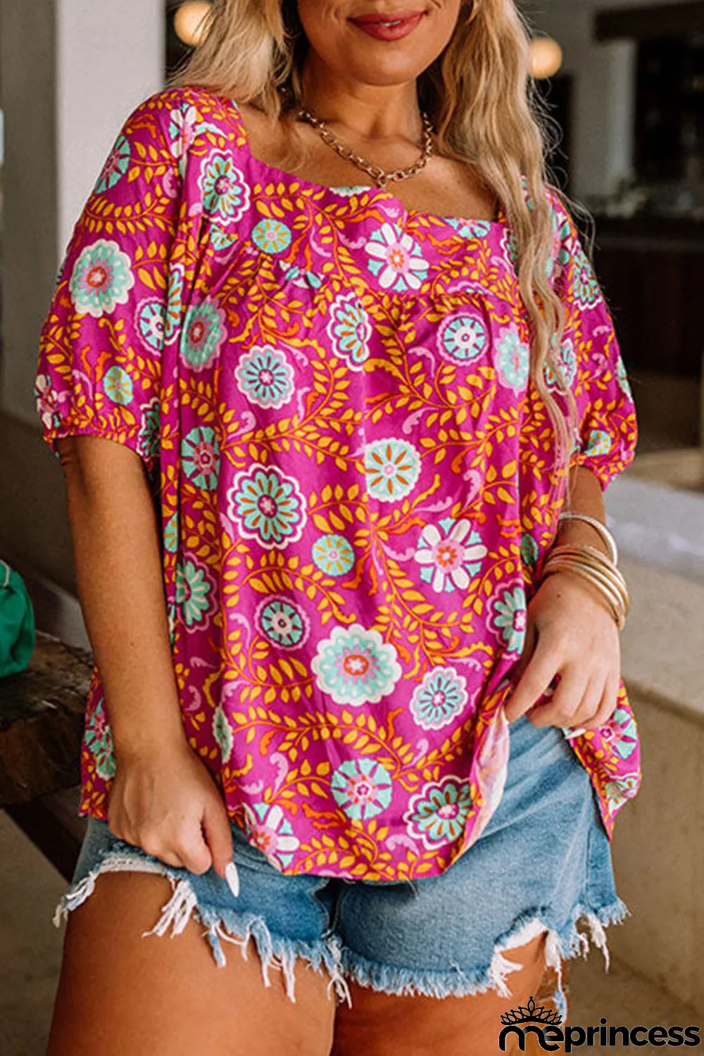 Rose Plus Size Floral Print Tie Back Blouse