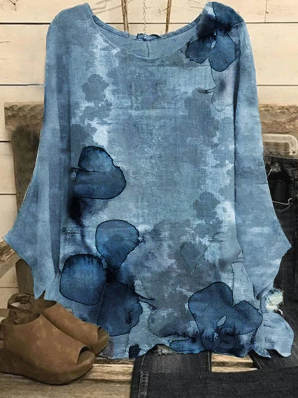 Vintage Floral Print Round Neck Casual Long-Sleeved Linen Blouse