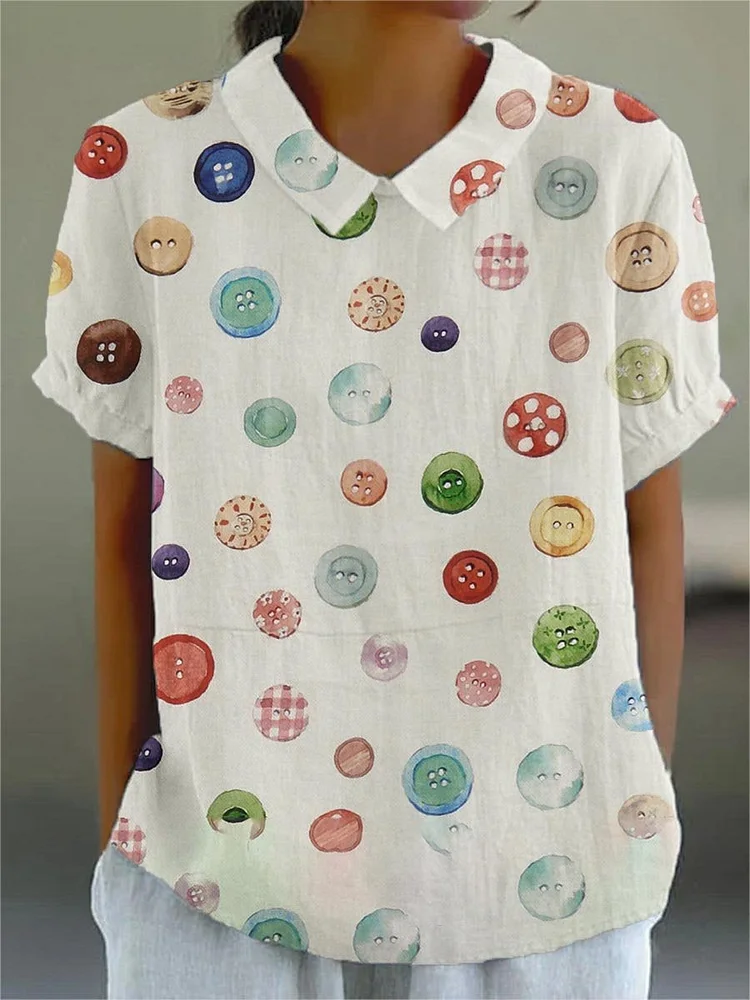 Women's Rainbow Buttons Art Pattern Print Casual Cotton And Linen Shirt