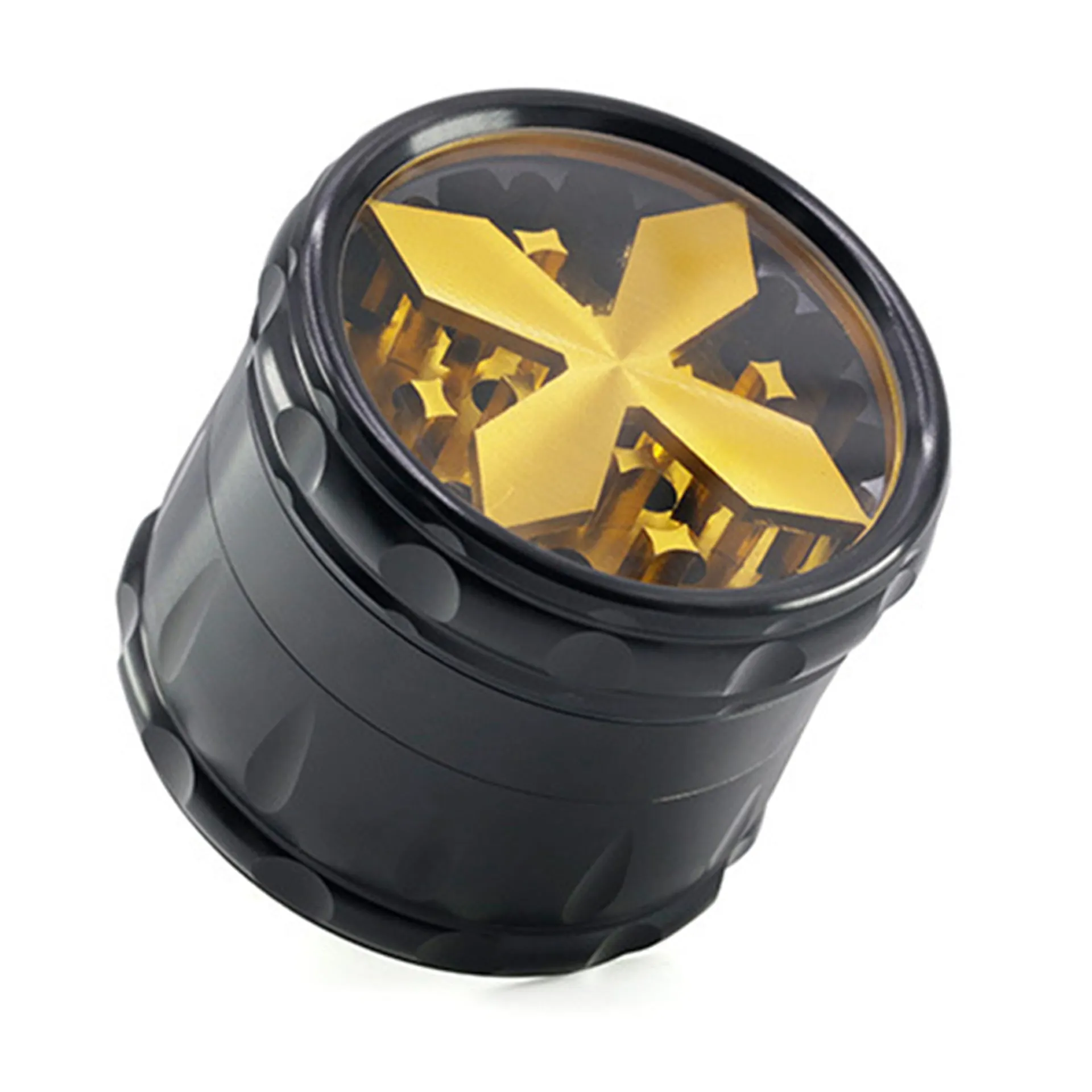 Transparent Cross-Shape Chamfer Drum-Shape 4 layer Aluminium Alloy Herb Grinder-Gold Color